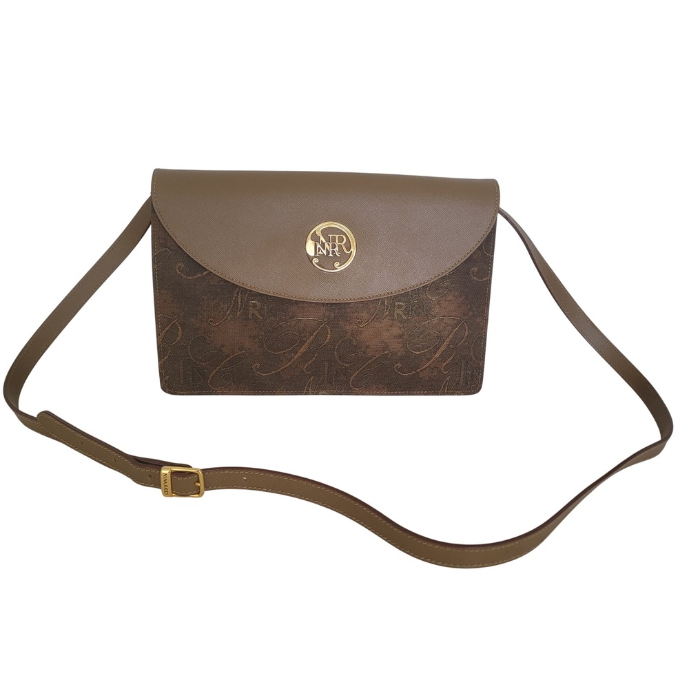 Nina Ricci Paris Vintage Monogram Jacquard Crossbody Bag Brown Tan Made in Italy